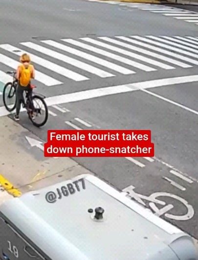 A female tourist in Buenos Aires takes down a phone snatcher and holds him down. Eventually, the police arrives and takes him away.
