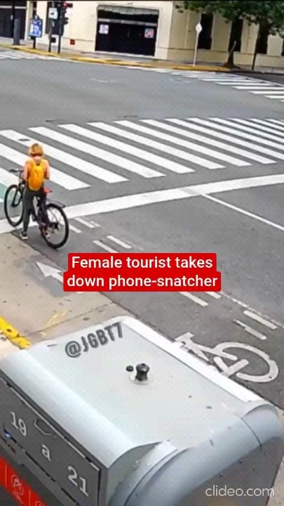 A female tourist in Buenos Aires takes down a phone snatcher and holds him down. Eventually, the police arrives and takes him away.