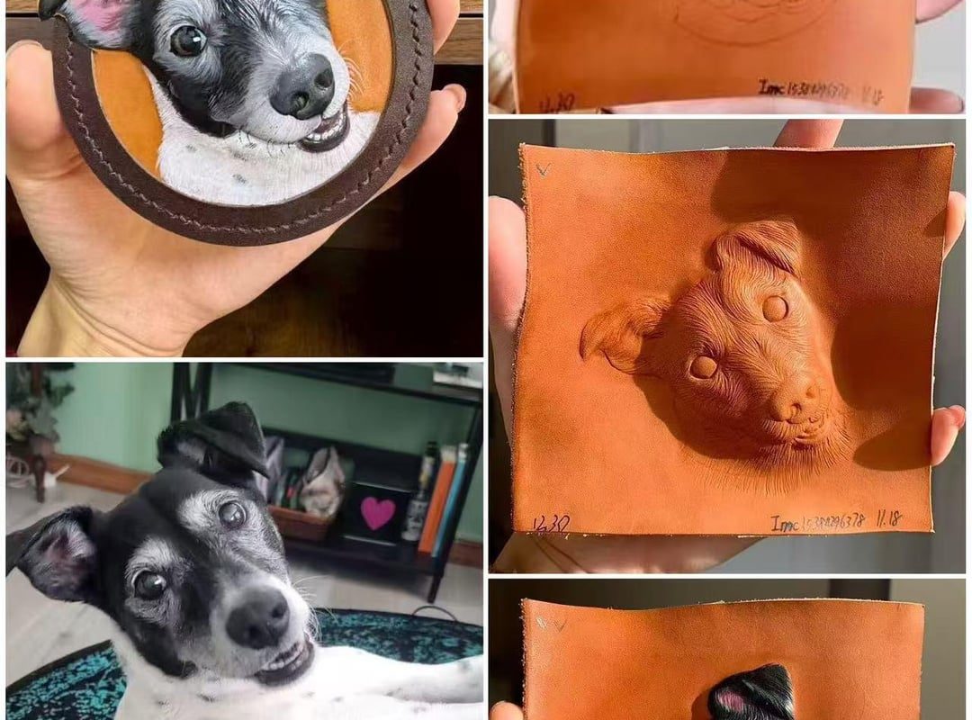 A hand-carved 3D dog charm showing the carving stage and the finished piece