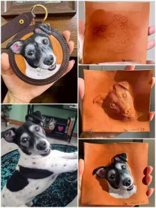 A hand-carved 3D dog charm showing the carving stage and the finished piece