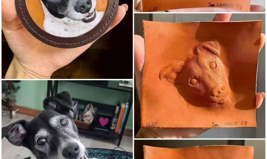 A hand-carved 3D dog charm showing the carving stage and the finished piece