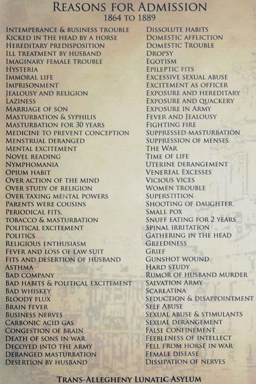 A list of criteria for being admitted in to an insane asylum from the 1800s