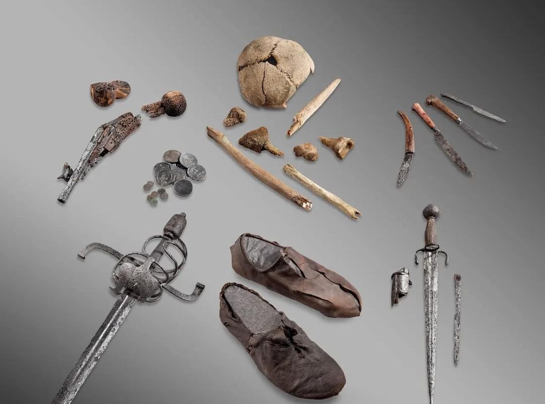 A melting glacier (Theodul) in Switzerland has revealed the artefacts of a wealthy 16th-century traveler. The man was discovered with an expensive sword and dagger....weapons intended more as status symbols than for combat.....along with an early wheel-lock pistol and approximately 200 silver coins.