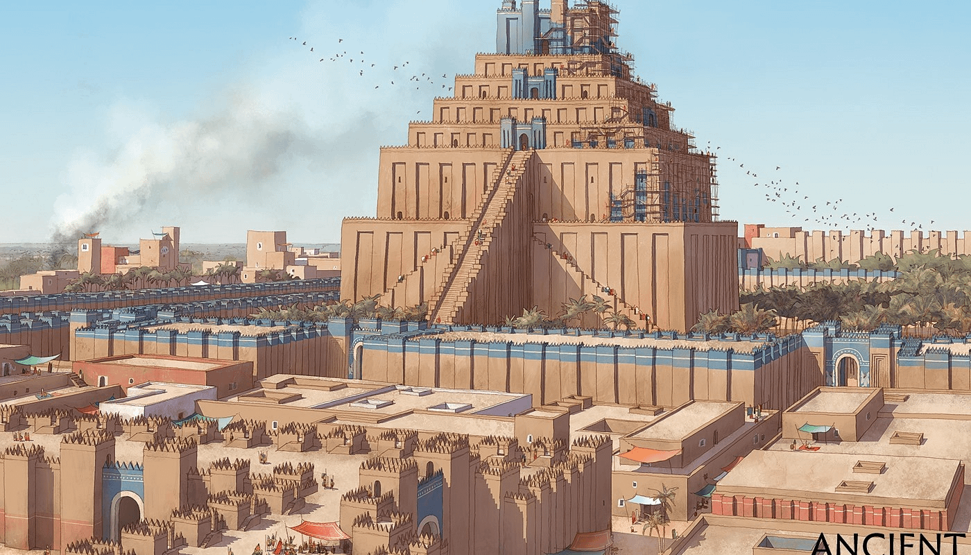 A reconstruction of the Etemenanki ziggurat, a temple tower in Babylon dedicated to the god Marduk, meaning "Temple of the Foundation of Heaven and Earth," which was the main inspiration for the story of the Tower of Babel.