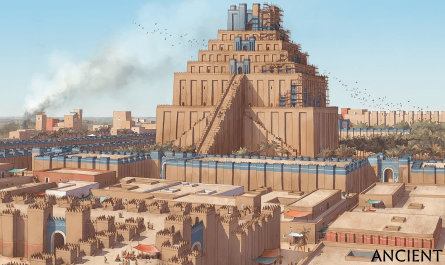 A reconstruction of the Etemenanki ziggurat, a temple tower in Babylon dedicated to the god Marduk, meaning "Temple of the Foundation of Heaven and Earth," which was the main inspiration for the story of the Tower of Babel.