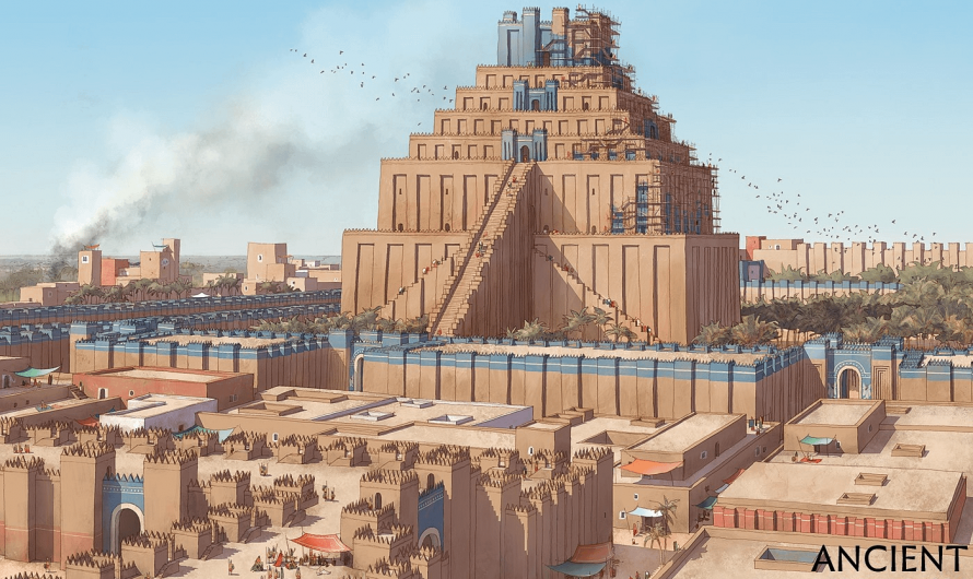 A reconstruction of the Etemenanki ziggurat, a temple tower in Babylon dedicated to the god Marduk, meaning “Temple of the Foundation of Heaven and Earth,” which was the main inspiration for the story of the Tower of Babel.