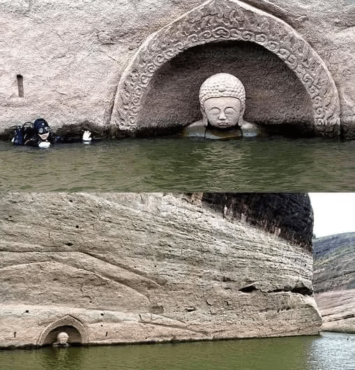 A submerged Buddha revealed in 2017, when the water level was lowered by a construction project. Carved into a riverside cliff, it was meant to protect travelers. Fuzhou, China, Ming dynasty, around 1400