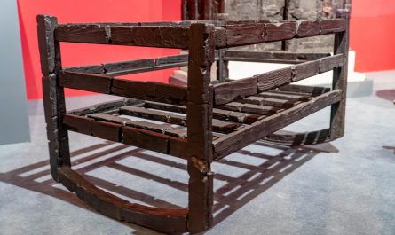 A wooden baby crib from Herculaneum, buried by the eruption of Vesuvius. It was found with the skeleton of a baby inside (OC, info in comments)
