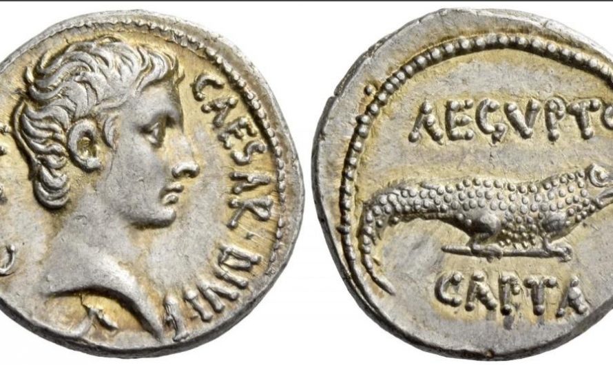 After the Roman Emperor Augustus defeated Anthony and Cleopatra at the Battle of Actium, he minted a series of coins celebrating his victory bearing the legend “AEGVPTO CAPTA” and a crocodile.