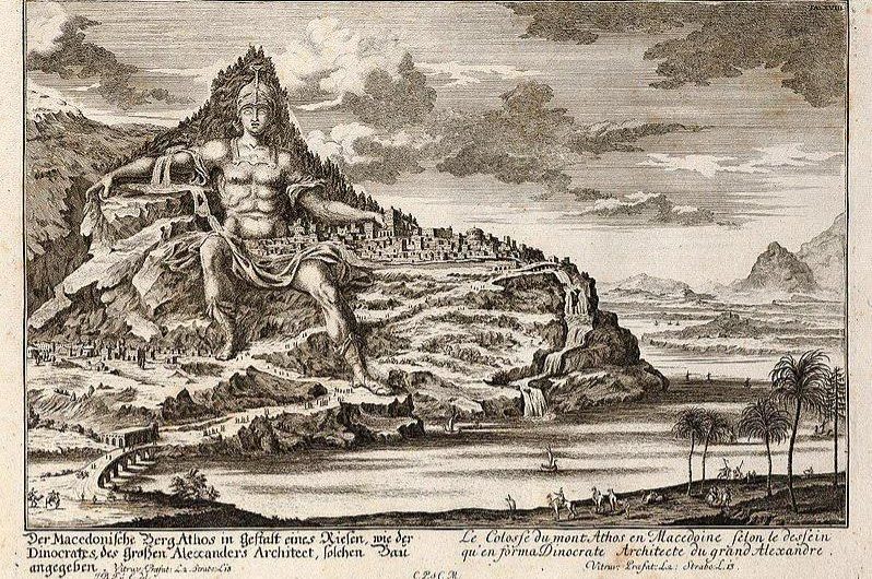 Alexander the Great’s chief Architect Dinocrates wanted to carve a giant statue of Alexander covering all of Mount Athos and holding the entire city in his hand. Alexander dropped the proposal as Dinocrates reportedly did not consider the living conditions of the residents of this city.