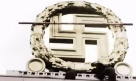 Allied soldiers destroy symbol on top of ZeppelinField, Nuremberg