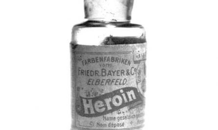An 1890s heroin bottle, produced by the Bayer pharmaceutical company in Germany. In the 1800s, heroin, cocaine, and many other substances could be freely sold and bought by anyone.