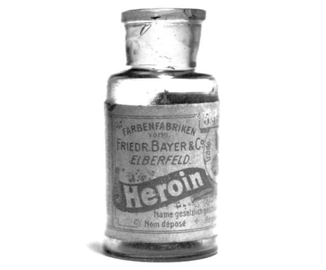 An 1890s heroin bottle, produced by the Bayer pharmaceutical company in Germany. In the 1800s, heroin, cocaine, and many other substances could be freely sold and bought by anyone.