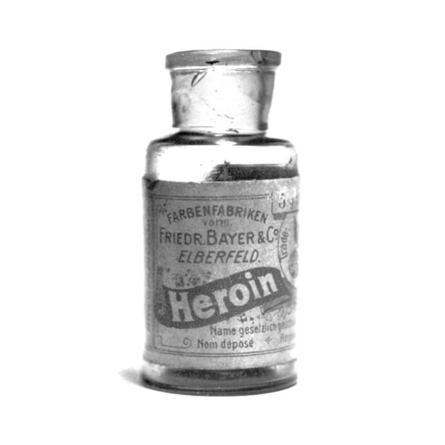 An 1890s heroin bottle, produced by the Bayer pharmaceutical company in Germany. In the 1800s, heroin, cocaine, and many other substances could be freely sold and bought by anyone.