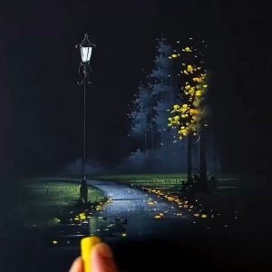 Beautiful night scenery with a street lamp, an oil pastel drawing.