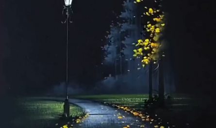 Beautiful night scenery with a street lamp, an oil pastel drawing.