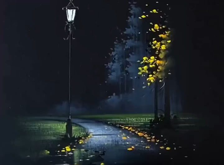 Beautiful night scenery with a street lamp, an oil pastel drawing.