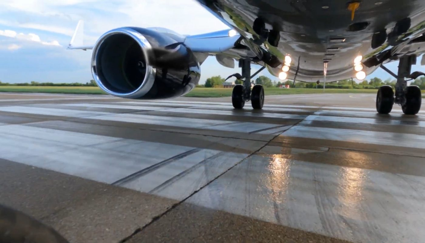 Camera mounted on the nose landing gear of a 737 during take off