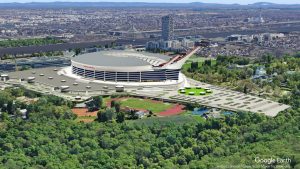 Concept of Arena Austria - a facility that could become the world's first sports stadium combining a football field with ski jumping hills