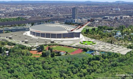 Concept of Arena Austria - a facility that could become the world's first sports stadium combining a football field with ski jumping hills
