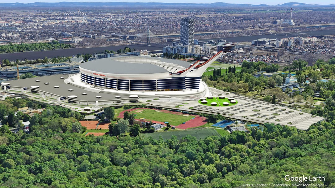 Concept of Arena Austria - a facility that could become the world's first sports stadium combining a football field with ski jumping hills