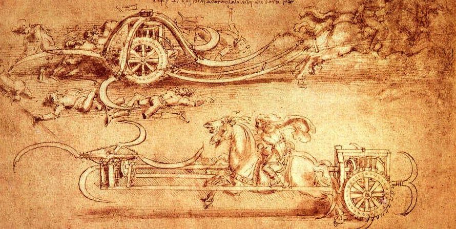 Da Vinci’s “Scythed Chariot” concept, basically a horse-drawn blender for enemy infantry