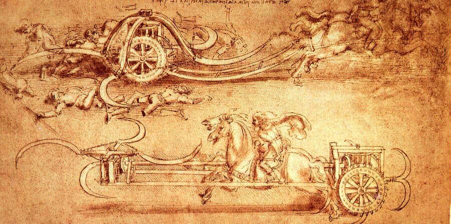Da Vinci's "Scythed Chariot" concept, basically a horse-drawn blender for enemy infantry