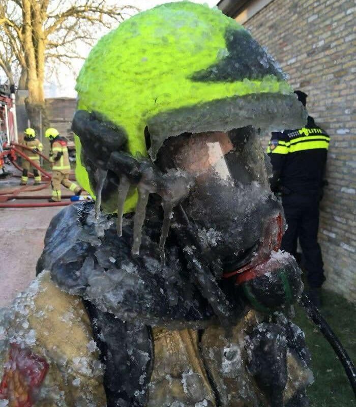 Dutch Firefighter After Dousing A Fire In Freezing Conditions