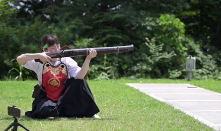 Everyone forgets that Samurais had guns. Here is a Japanese woman firing a massive feudal Ō-zutsu matchlock