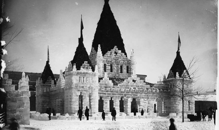 Huge Ice castle build in Montreal, Quebec, Canada. you can see people walking by to compare it’s size. March of 1883. Glass negative.