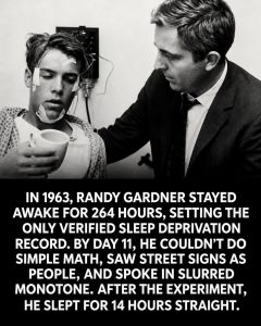 In 1963, Randy Gardner stayed awake for 264 hours (11 days) as part of a sleep-deprivation experiment.