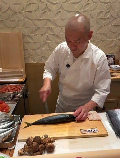 Japanese chef preparing Saba (mackarel) attentively before the next step