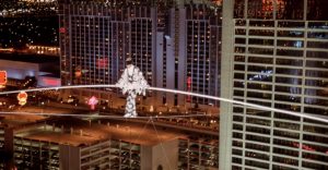 Jay Cochrane, famous tightrope walker, walks across the two buildings of the Flamingo Hilton hotel in Las Vegas while blindfolded  (1998)