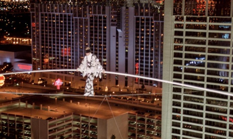 Jay Cochrane, famous tightrope walker, walks across the two buildings of the Flamingo Hilton hotel in Las Vegas while blindfolded  (1998)