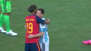 Lamine Yamal and Lionel Messi share a moment after Spain beats Argentina in the FIFA World Cup final 2026