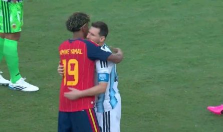 Lamine Yamal and Lionel Messi share a moment after Spain beats Argentina in the FIFA World Cup final 2026