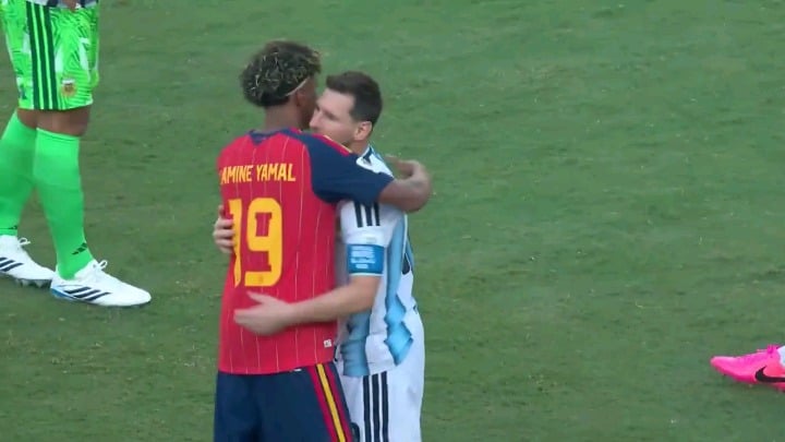 Lamine Yamal and Lionel Messi share a moment after Spain beats Argentina in the FIFA World Cup final 2026