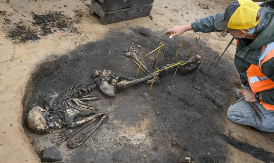 Power line construction in Germany turned up a 5000 year old skeleton of a man who was thrown into a kiln in a possible human sacrifice.
