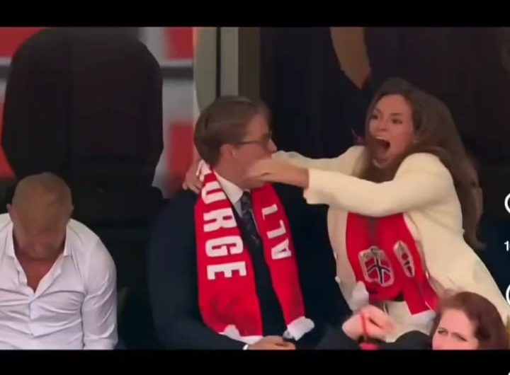 Princess and her brother, Prince of Norway celebrating Norways win over Brazil.