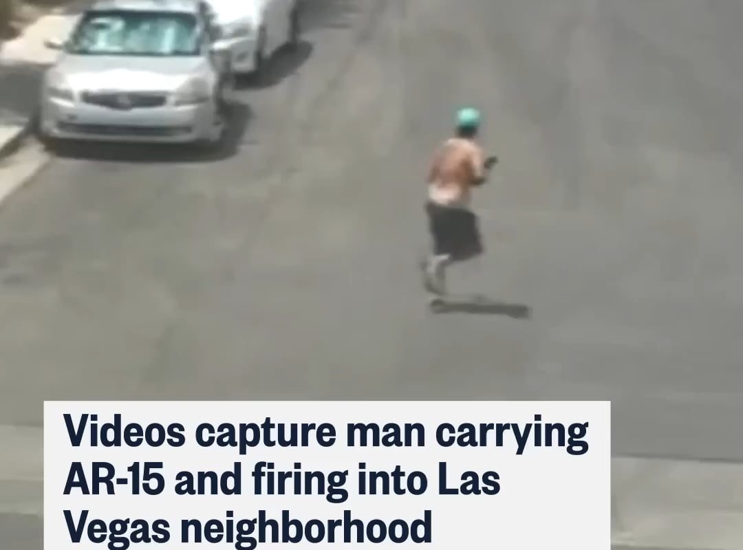 Ring camera and news footage of a gunman walking through a North Las Vegas neighborhood firing an AR-15 into homes.