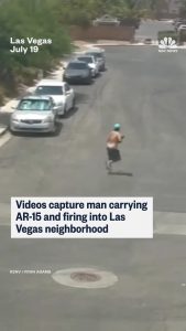 Ring camera and news footage of a gunman walking through a North Las Vegas neighborhood firing an AR-15 into homes.