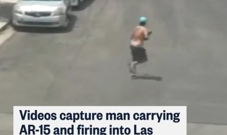 Ring camera and news footage of a gunman walking through a North Las Vegas neighborhood firing an AR-15 into homes.