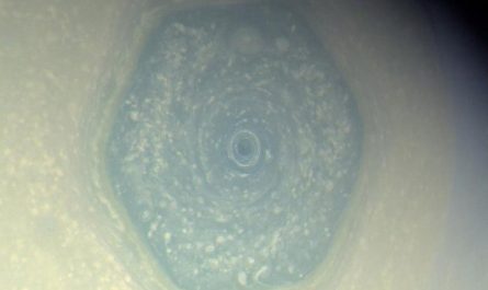 Saturn's north pole is home to a giant hexagonal storm about 30,000 km (18,600 miles) wide—large enough for more than two Earths to fit inside. First spotted in 1980, it's still raging today.