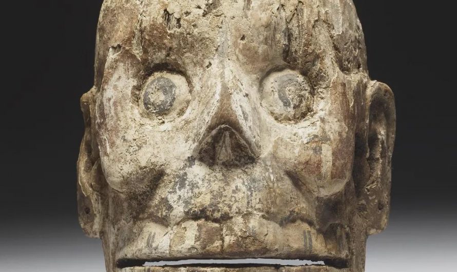 The 500-year-old wooden mask of Mictlantecuhtli, the Aztec god of death. He wore a necklace of human eyeballs and was described as being ready to tear apart the dead entering his realm.