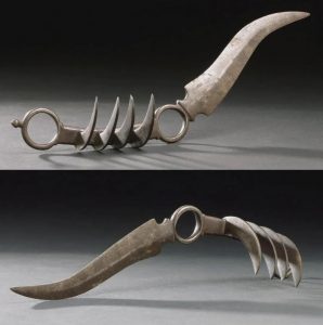 The Bagh Nakh (“Tiger Claw”) was a concealed Indian weapon modeled after a tiger’s claws. Worn in the hand, it was used in deadly close combat by warriors, thieves, and assassins.