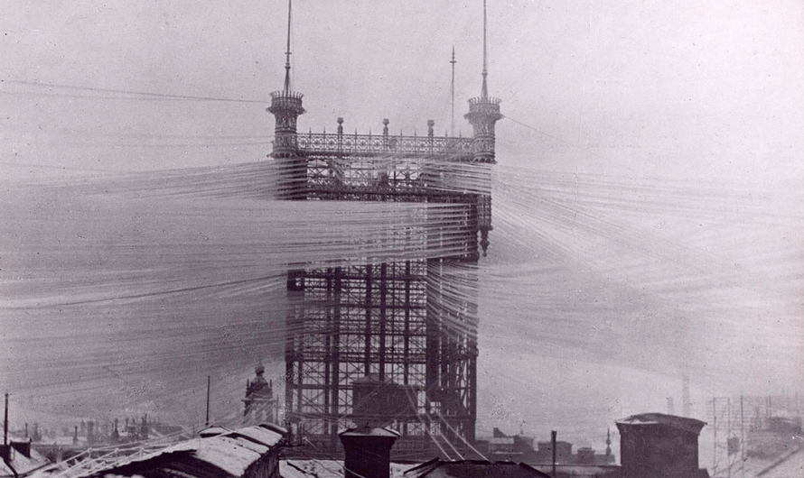 The Telefontornet with 5,000 telephone lines over the city of Stockholm, Sweden. All creating a gigantic spider web of lines. Photos from 1890-1900s