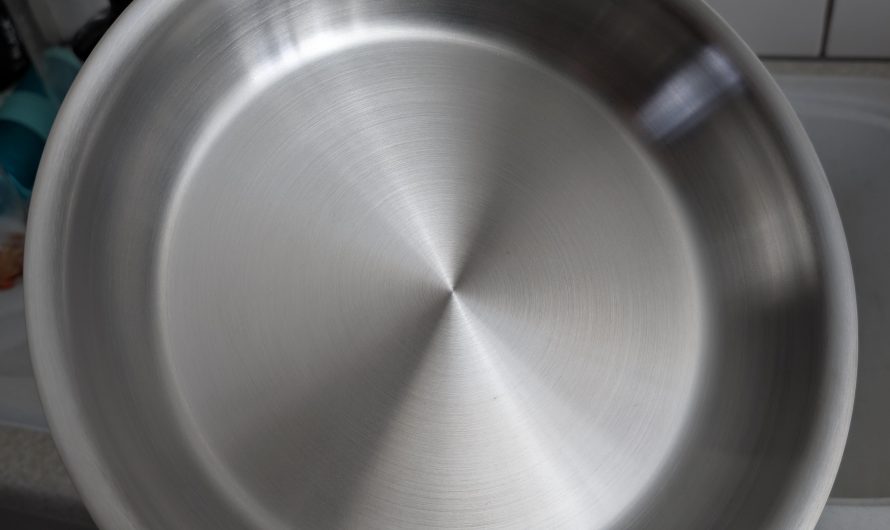 The finish on a stainless steel pan