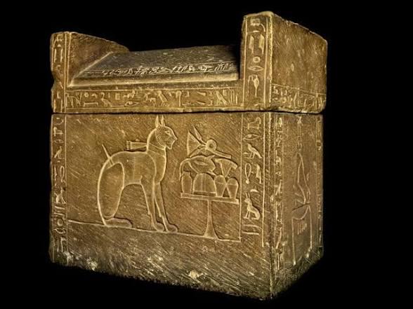 The limestone sarcophagus of "Ta-Miu", the beloved pet cat of Egyptian Prince Thutmose (c. 1350 BC). He was so devastated by her death that he ordered a customized royal coffin with Book of the Dead inscriptions so they could reunite in the afterlife.