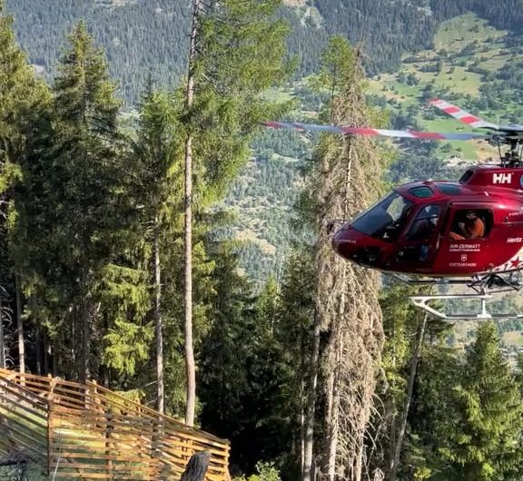 The pilots of Air Zermatt, a Swiss air rescue and helicopter services company, are renowned for their exceptional alpine flying skills. Here, one of their helicopters lands on a dead tree with remarkable precision.