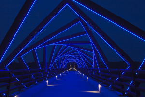 The repeating arches of this illuminated bridge.